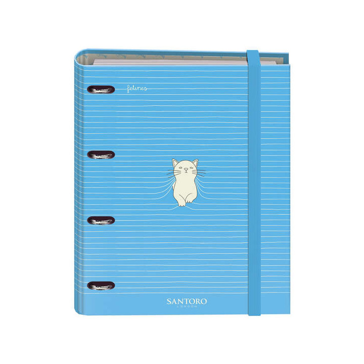 Dohe Santoro Felines Carpeta de 4 Anillas Formato A4 con Recambio de 100 Hojas - 4 Separadores de Colores - Cierre con Goma Ela