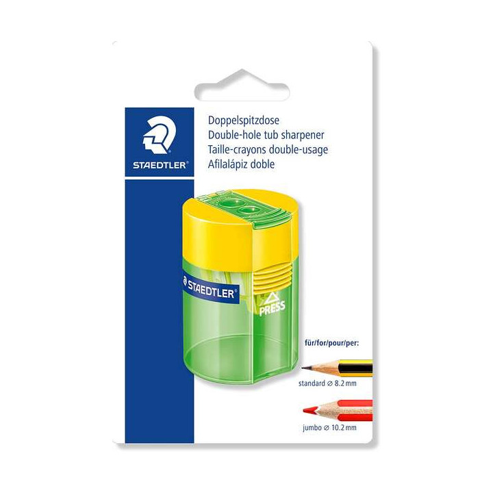 Staedtler 512 Sacapuntas de Plástico Doble Uso - Angulo de Afilado 23º y 30º - 2 Agujeros - Deposito - Colores Surtidos