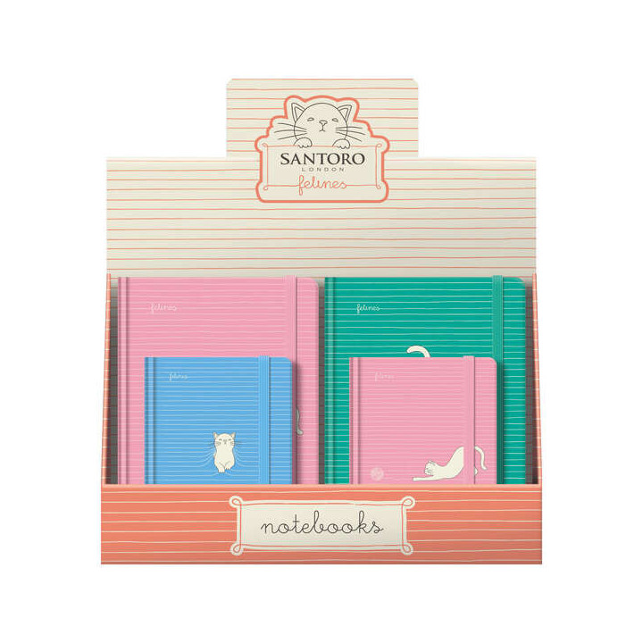 Dohe Santoro Felines Expositor de 12 Cuadernos Cartone - Tamaños A5 y A6 - 96 Hojas Lisas en Papel Ahuesado de 80 g/m2 - Cierr