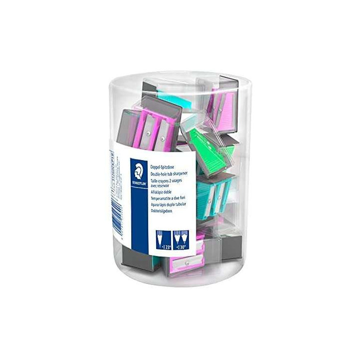 Staedtler Expositor con 18 Sacapuntas de Plastico - 2 Agujeros - Angulo de Afilado 23° y 30° - Colores Surtidos