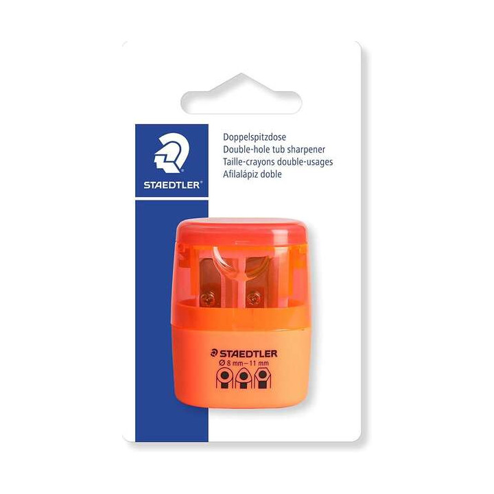 Staedtler Sacapuntas Doble Uso con Deposito - 2 Agujeros - De 8.2mm hasta 10.2mm - Color Naranja Neon