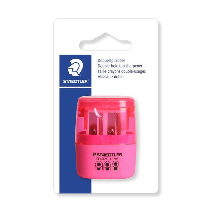 Staedtler Sacapuntas Doble Uso con Deposito - 2 Agujeros - De 8.2mm hasta 10.2mm - Color Rosa Neon
