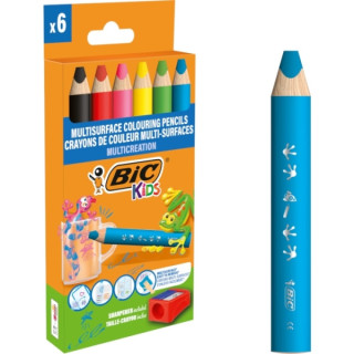Bic Kids Multisuperficie Pack de 6 Lapices de Colores + Sacapuntas - Cuerpo Triangular - Minas Borrables en Superficies No Poro
