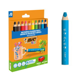 Bic Kids Multisuperficie Pack de 10 Lapices de Colores + Sacapuntas - Cuerpo Triangular - Minas Borrables en Superficies No Por