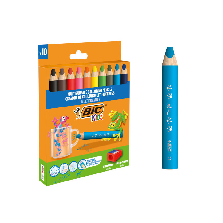 Bic Kids Multisuperficie Pack de 10 Lapices de Colores + Sacapuntas - Cuerpo Triangular - Minas Borrables en Superficies No Por