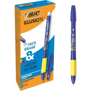 Bic Illusions Boligrafo Borrable - Punta Media de 0.7mm - Grip de Goma - Recargable - Color Azul