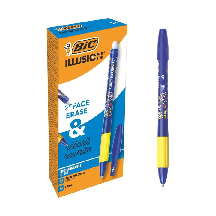 Bic Illusions Boligrafo Borrable - Punta Media de 0.7mm - Grip de Goma - Recargable - Color Azul