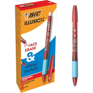 Bic Illusions Boligrafo Borrable - Punta Media de 0.7mm - Grip de Goma - Recargable - Color Rojo