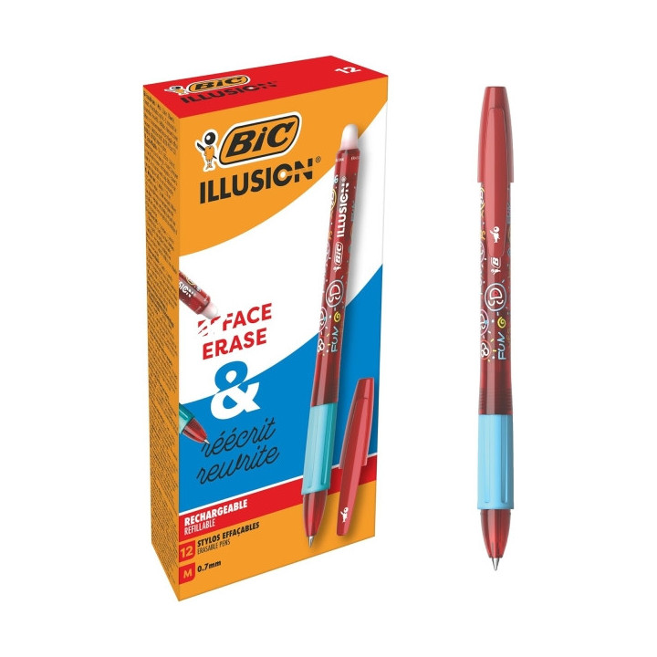 Bic Illusions Boligrafo Borrable - Punta Media de 0.7mm - Grip de Goma - Recargable - Color Rojo