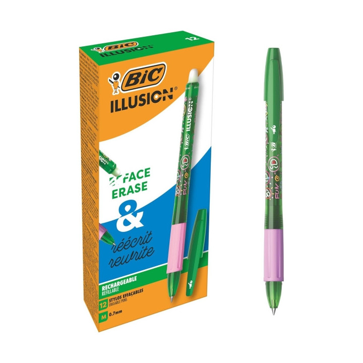 Bic Illusions Boligrafo Borrable - Punta Media de 0.7mm - Grip de Goma - Recargable - Color Verde