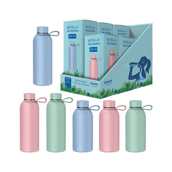 Dohe Expositor de 6 Botellas Reutilizables 3x 500ml y 3x 350ml - Acero Inoxidable de Doble Pared - Libre de BPA - Tapon Hermeti