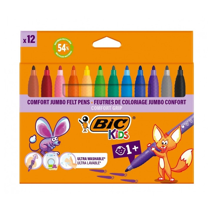 BIC Kids Comfort Jumbo Pack de 12 Rotuladores con Tinta Lavable - Facil de Limpiar - Agarre Antideslizante - Colores Surtidos