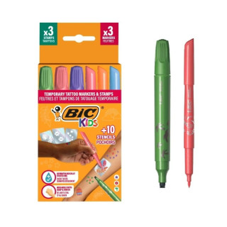 Bic Kids Tatuajes Temporales Pack de 3 Sellos + 3 Rotuladores + 10 Plantillas - Tinta Dermatologicamente Testada y Sin Perfume
