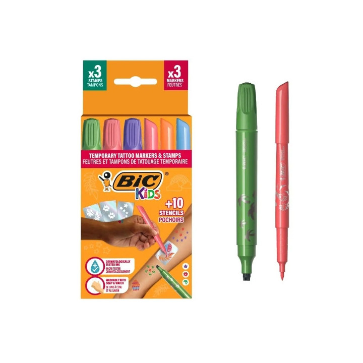 Bic Kids Tatuajes Temporales Pack de 3 Sellos + 3 Rotuladores + 10 Plantillas - Tinta Dermatologicamente Testada y Sin Perfume