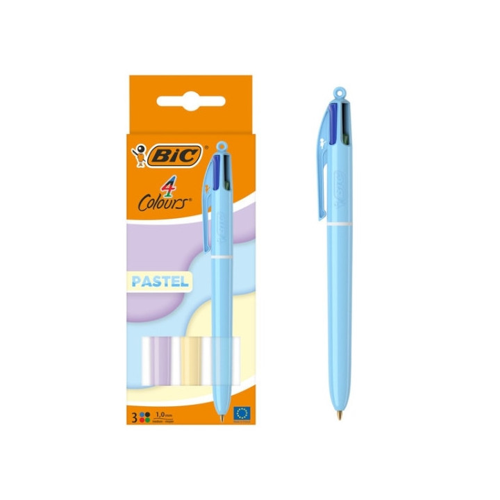 Bic 4 Colours Pastel Pack de 3 Boligrafos de Bola Retractil - Punta Media de 1.0mm - Tinta con Base de Aceite - Cuerpo en Color