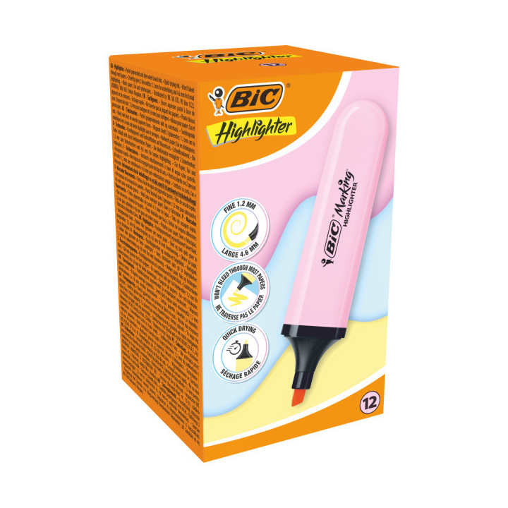 Bic Marking Highlighter Flat Marcador Fluorescente - Punta Biselada - Trazo entre 1.20 y 4.60 mm - Tinta con Base de Agua - Col
