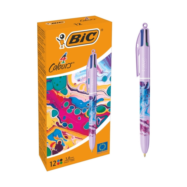 Bic 4 Colours Decors Hydro Boligrafo de Bola Retractil - Punta Media de 1.0mm - Tinta con Base de Aceite - 4 Colores
