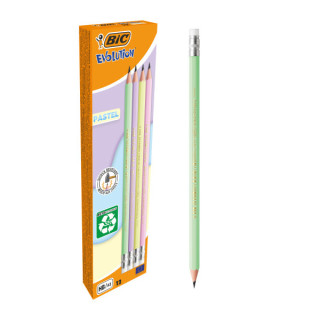Bic Evolution Pastel Lapiz de Grafito Hexagonal con Goma - Mina HB Ultrarresistente - Sin Madera - No se Astilla - Colores Past
