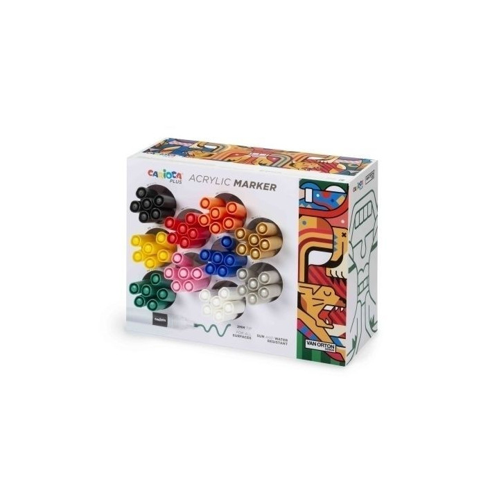 Carioca Plus Expositor con 60 Marcadores Acrilicos - Punta 2mm - Tinta Acrilica Super Pigmentada - 10 Colores Surtidos
