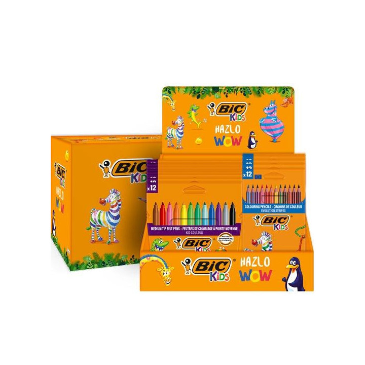 Bic Kids Expositor de 12 Packs de 12 Rotuladores Couleur + 12 Packs de 12 Lapices de Colores Evolution Stripes - Colores Surtid