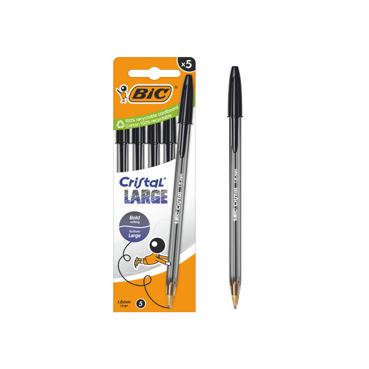 Bic Cristal Large Pack de 5 Boligrafos de Bola - Punta Redonda de 1.6mm - Trazo 0.6mm - Tinta con Base de Aceite - Color Negro