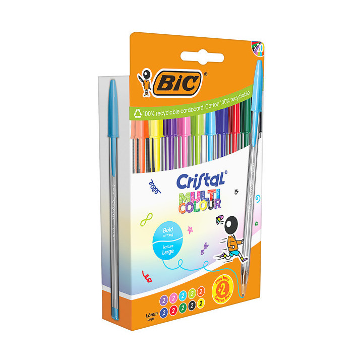 Bic Cristal Multicolour Pack de 20 Boligrafos de Bola - Punta 1.6mm - Trazo 0.42mm - Tinta con Base de Aceite - Colores Surtido