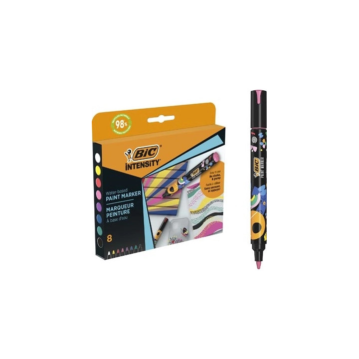 Bic Intensity Pack de 8 Marcadores de Pintura - Punta Media - Tinta con Base de Agua - 98% de Materiales Reciclados - Colores S
