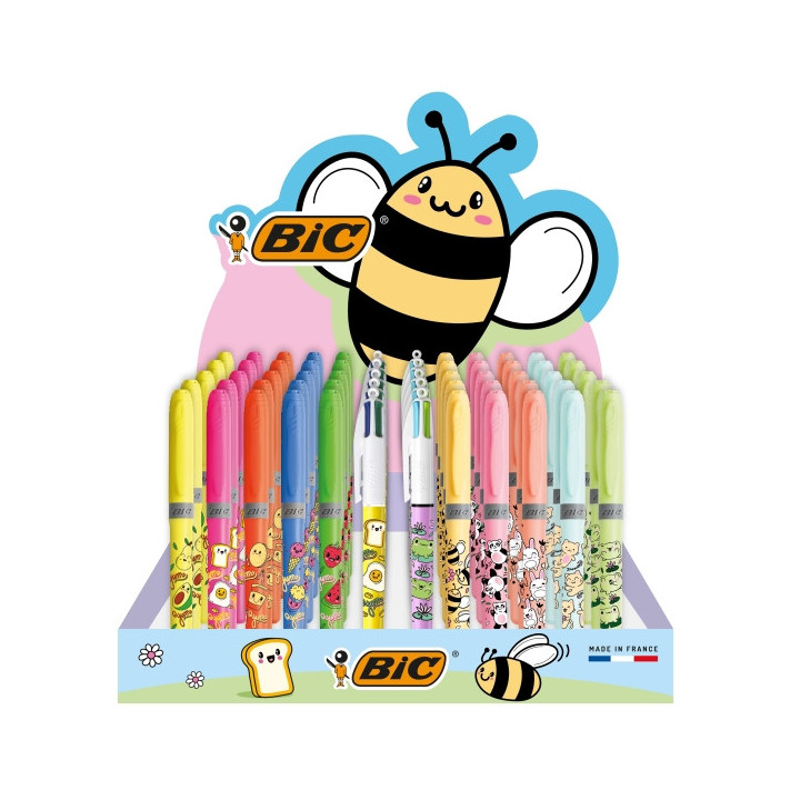 Bic Kawaii Pack de 144uds + Expositor con Capacidad para 60uds - Incluye 120 Marcadores Fluorescentes Highlighter Grip en Color