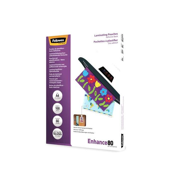 Fellowes Pack de 100 Fundas Autoadhesivas para Plastificar Brillo A4 - 80 Micras - Alta Calidad - Transparente