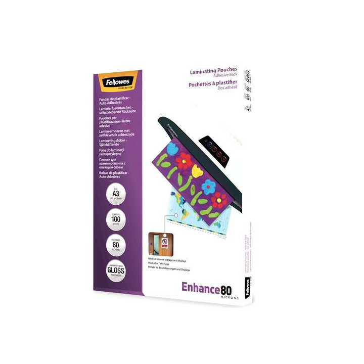 Fellowes Pack de 100 Fundas AutoAdhesivas para Plastificar Brillo A3 - 80 Micras - Alta Calidad - Transparente