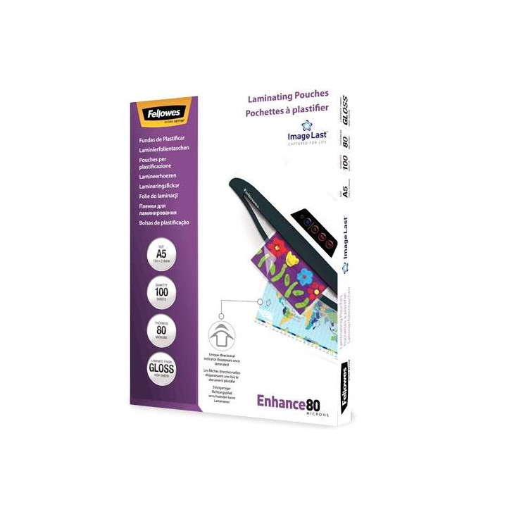 Fellowes Pack de 100 Fundas para Plastificar Brillo A5 - 80 Micras - Alta Calidad - Transparente