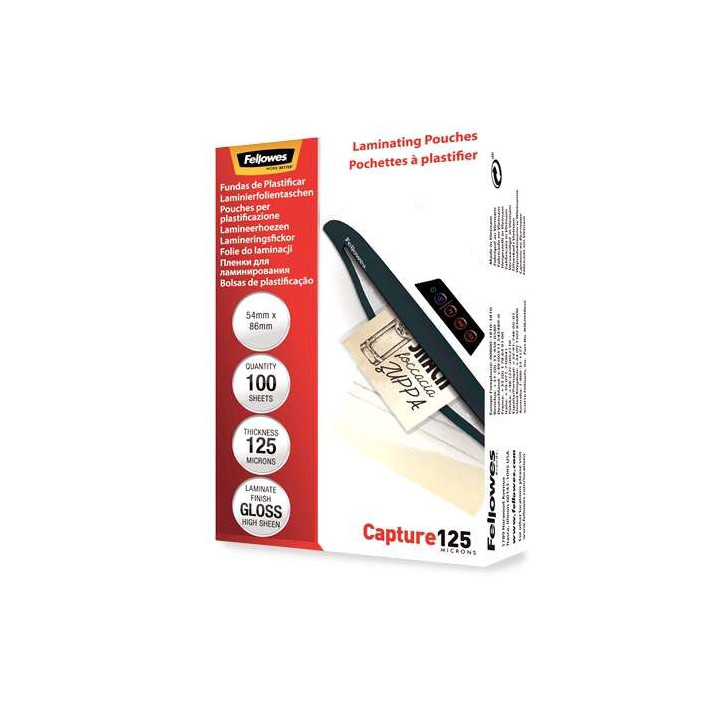 Fellowes Pack de 100 Fundas para Plastificar Tarjetas 54 x 86 mm Brillo - 125 Micras - Alta Calidad - Transparente