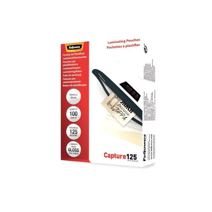 Fellowes Pack de 125 Fundas para Plastificar Tarjetas Brillo 65 x 95 mm - 125 Micras - Alta Calidad - Transparente