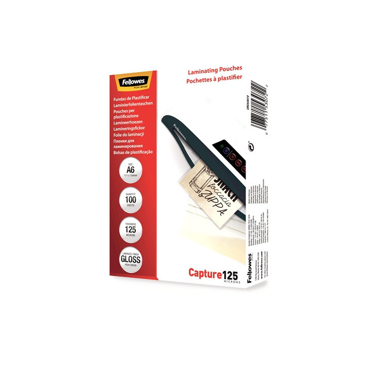 Fellowes Pack de 100 Fundas de Plastificar de 125 Micras - Tamaño A6 - Flechas Indicadoras de uso - Acabado en Brillo