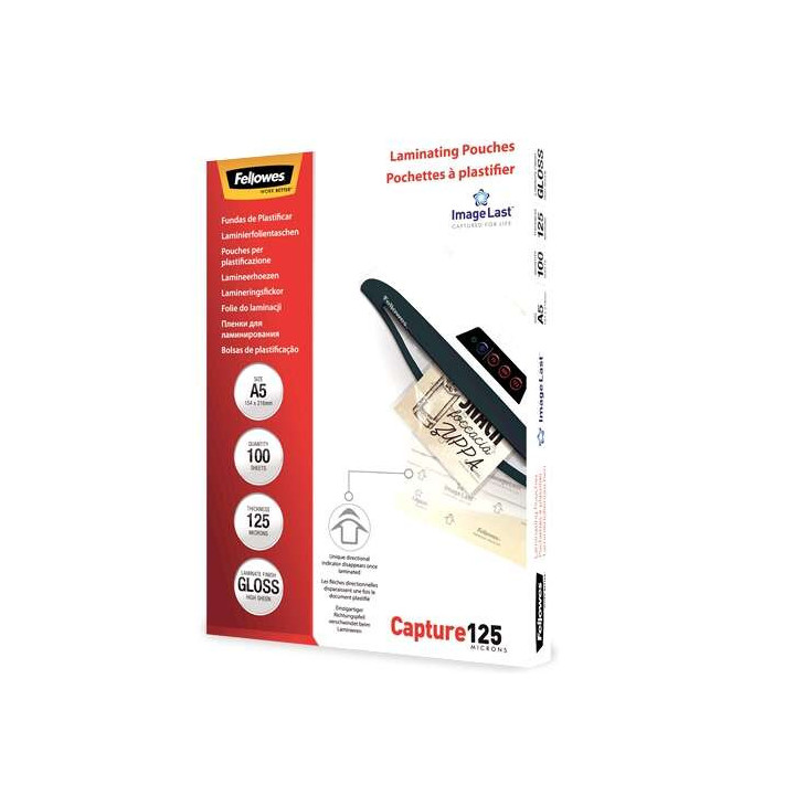 Fellowes Pack de 100 Fundas para Plastificar Brillo A5 - 125 Micras - Alta Calidad - Transparente