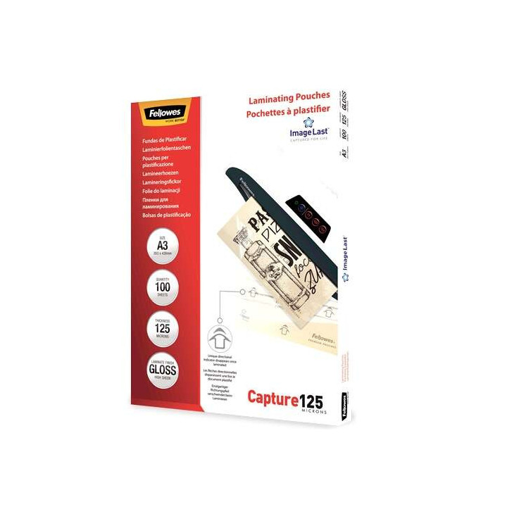Fellowes Pack de 100 Fundas para Plastificar Brillo A3 - 125 Micras - Alta Calidad - Transparente