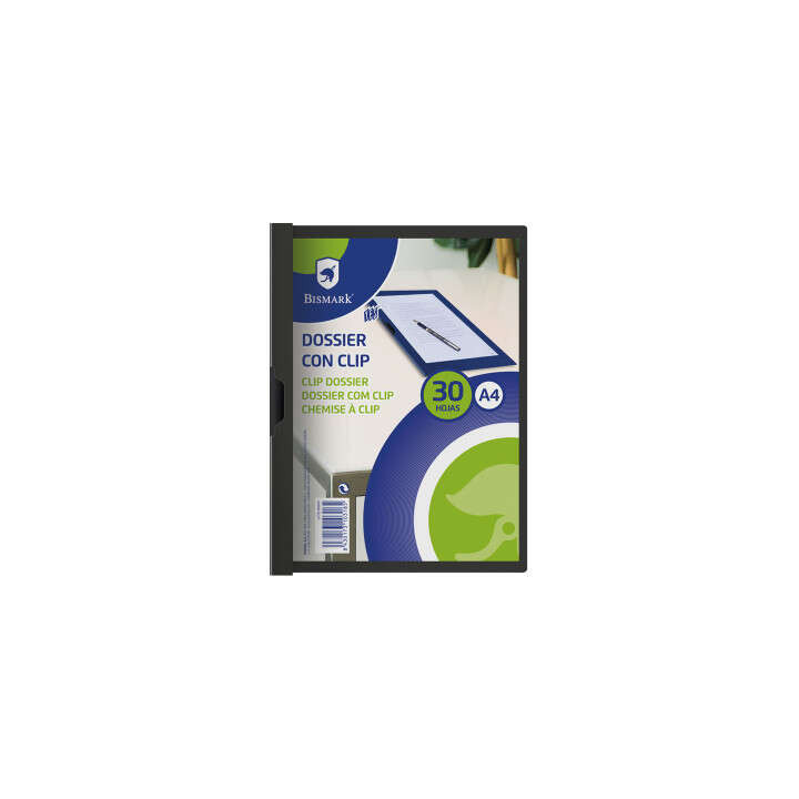 Bismark Dossier para 30 Hojas A4 con Clip Metalico Lateral - Polipropileno Transparente - Color Negro
