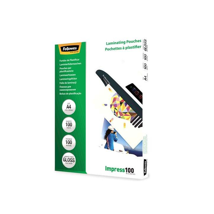 Fellowes Pack de 100 Fundas para Plastificar Brillo A4 - 100 Micras - Alta Calidad - Transparente