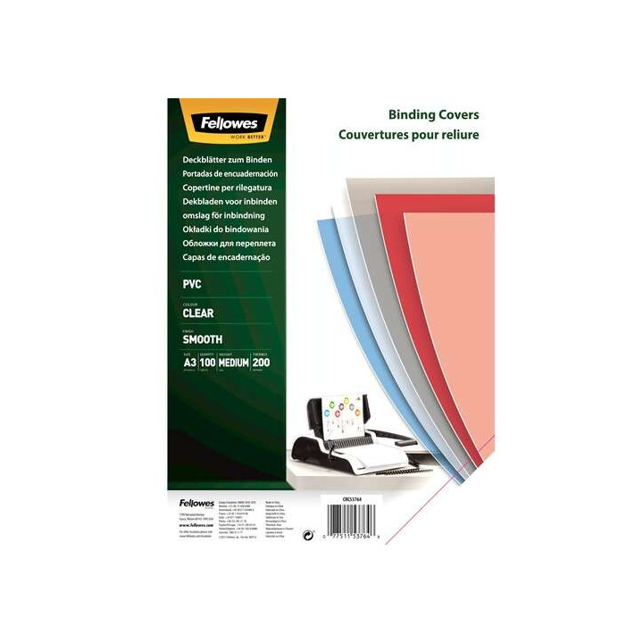 Fellowes Pack de 100 Portadas para Encuadernar de PVC A3 - 200 Micras - Muy Resistentes - Transparente