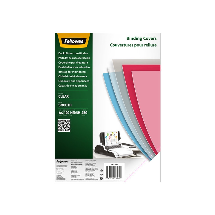Fellowes Pack de 100 Portadas de Polietileno Transparentes para Documentos A4 - Grosor de 250 Micras - Ideal para Encuadernador