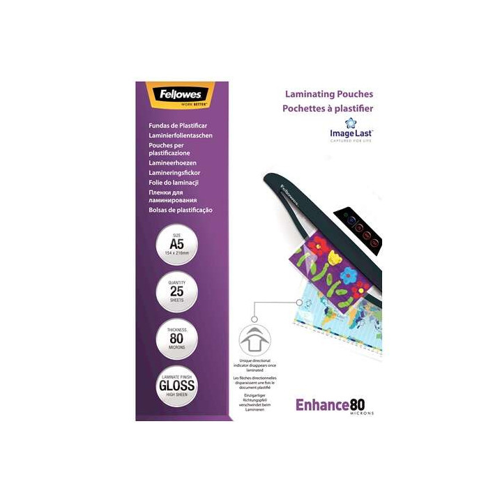 Fellowes Pack de 25 Fundas para Plastificar Brillo A5 - 80 Micras - Alta Calidad - Transparente