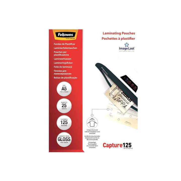 Fellowes Pack de 25 Fundas para Plastificar Brillo A5 - 125 Micras - Alta Calidad - Transparente