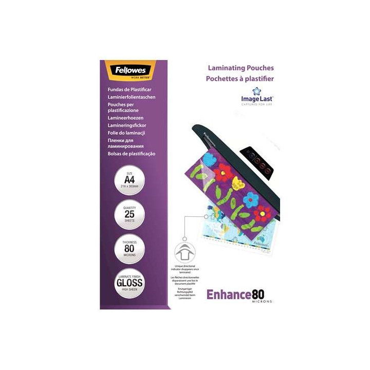Fellowes Pack de 25 Fundas para Plastificar Brillo A4 - 80 Micras - Alta Calidad - Transparente
