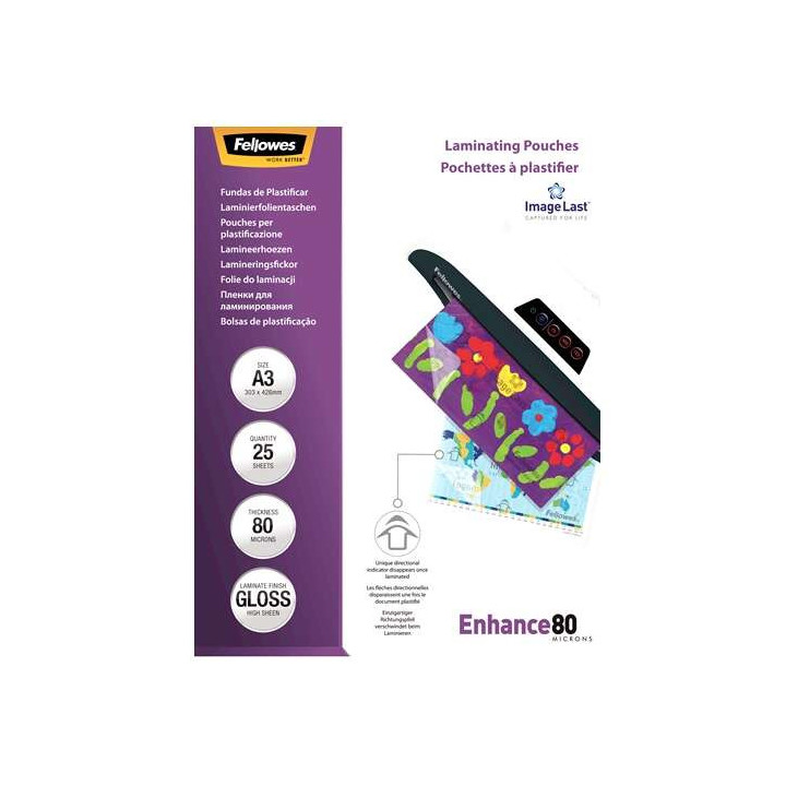 Fellowes Pack de 25 Fundas para Plastificar Brillo A3 - 80 Micras - Alta Calidad - Transparente