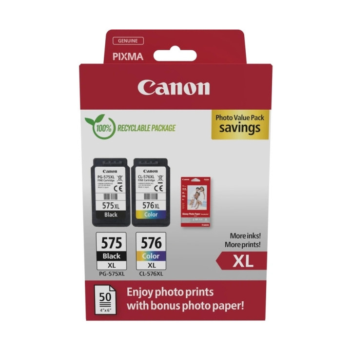 Canon PG575XL/CL576XL Multipack de 2 Cartuchos de Tinta Originales + 50 Hojas de Papel Fotografico - 5437C006