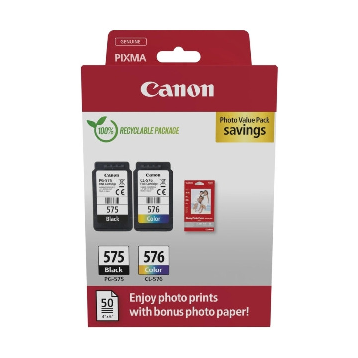 Canon PG575/CL576 Pack de 2 Cartuchos de Tinta Originales + 50 Hojas de Papel Fotografico - 5438C004