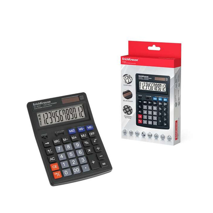 Erichkrause Calculadora Electronica de Sobremesa de 12 Digitos - Pantalla LCD de 12 Digitos - Memoria Doble - Funciones de Calc