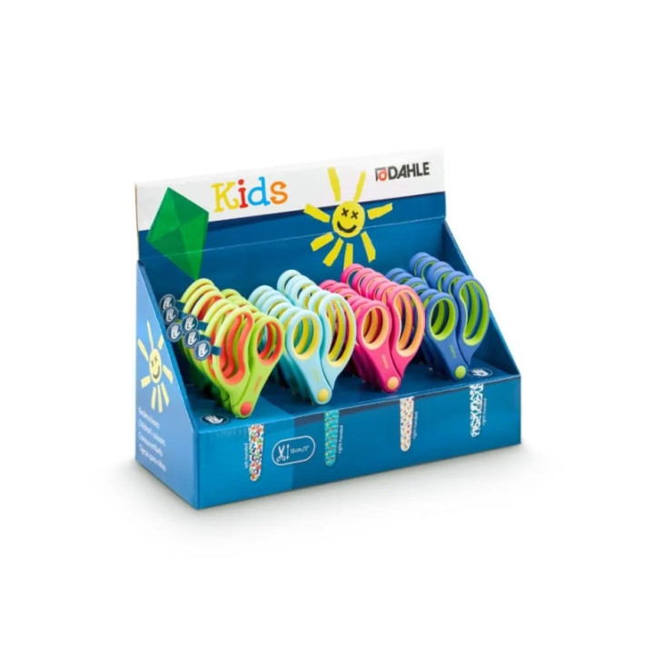 Dahle 54683 Kids Expositor de 24 Tijeras Infantiles 13cm - Puntas Redondeadas - Acero Inoxidable - Mangos Ergonomicos Recubiert