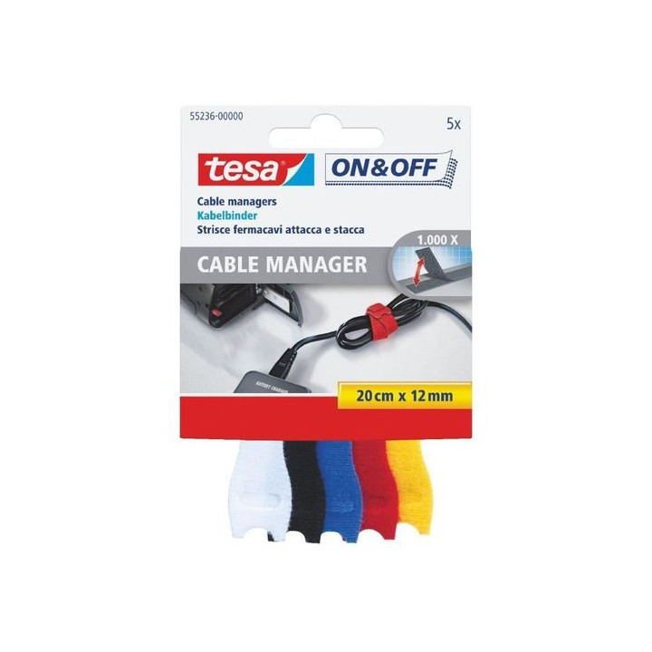 Tesa On & Off Cables Manager Pack de Tiras de Velcro 20cm x 12mm - Para Organizar Cables - Colores Surtidos