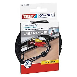 Tesa On & Off Cable Manager Pack de Tira de Velcro 5m x 10mm - Para Organizar Cables - Color Negro